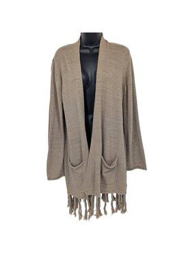 Lucky Brand Fringe Cardigan Longline Open Front Neutral Coastal Western Medium